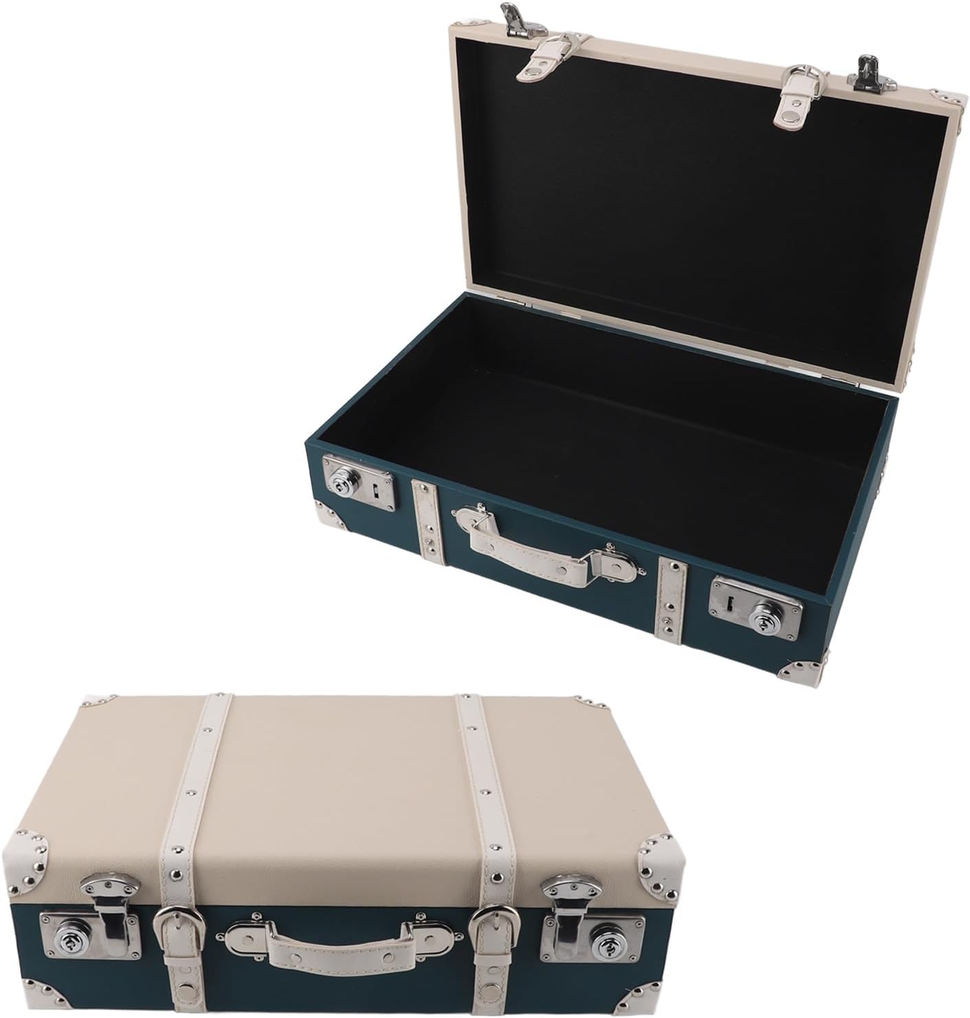 Dioche Vintage Wood Decorative Suitcases with PU Leather & Straps, European Style Small Suitcase Decorative Box for Travel, Available in Fleshcolor & Dark Green (Fleshcolor Dark Green)