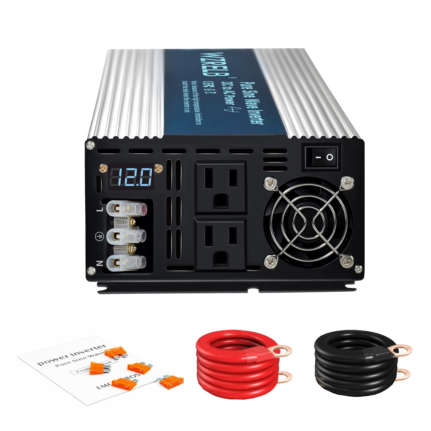 WZRELB 4000W Pure Sine Wave Inverter 12V DC to 110V 120V AC Power Converter with LED Display, Hardwire Terminal,Off-Grid Portable Power Inverter with Dual AC Outlets for Home, RV, Truck, Camping