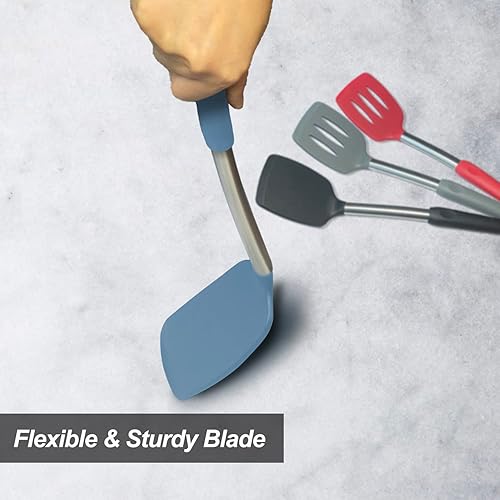 Miniatura 7 de Paquete de 2 espátulas, juego de espátulas de silicona sólida y ranurada, mango de acero inoxidable recubierto con silicona, antiadherente, aleta de