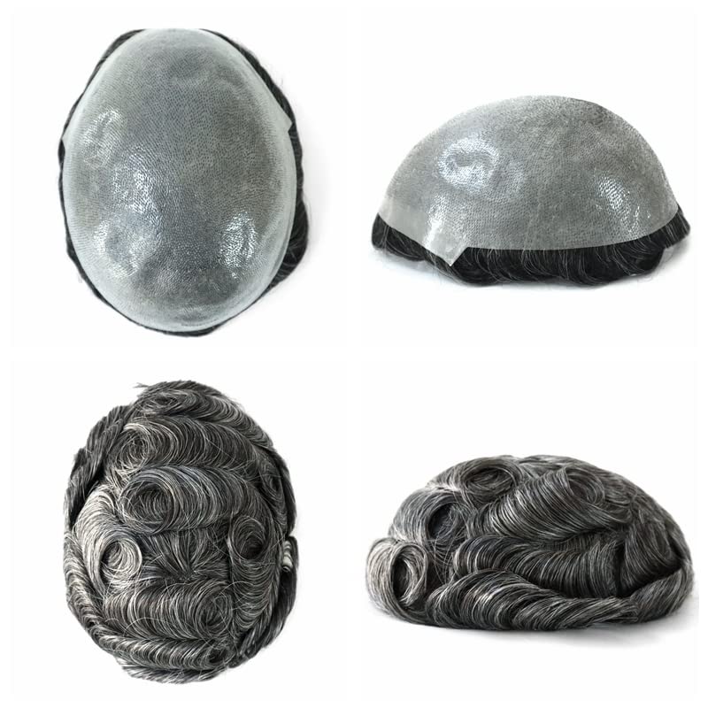 Noblehairmax Natural Mens sistema de reemplazo de cabello humano real Caballeros Cabello humano postizos finos polivinílicos V bucle negro gris pelo