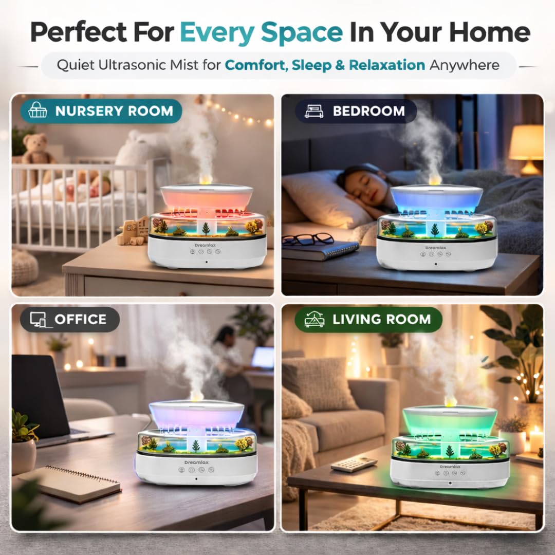 Dreamlax Humidificadores de lluvia para dormitorio, difusor de aceite esencial de niebla fría, máquina de ruido blanco con 10 sonidos naturales, 7 luces LED, control remoto y lámpara decorativa de