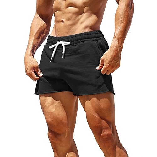Men's Gym Sport Bodybuilding Workout Casual Shorts with Pockets 3 inch Inseam Raw Hem Terry Cotton - Medium - 3inch Black