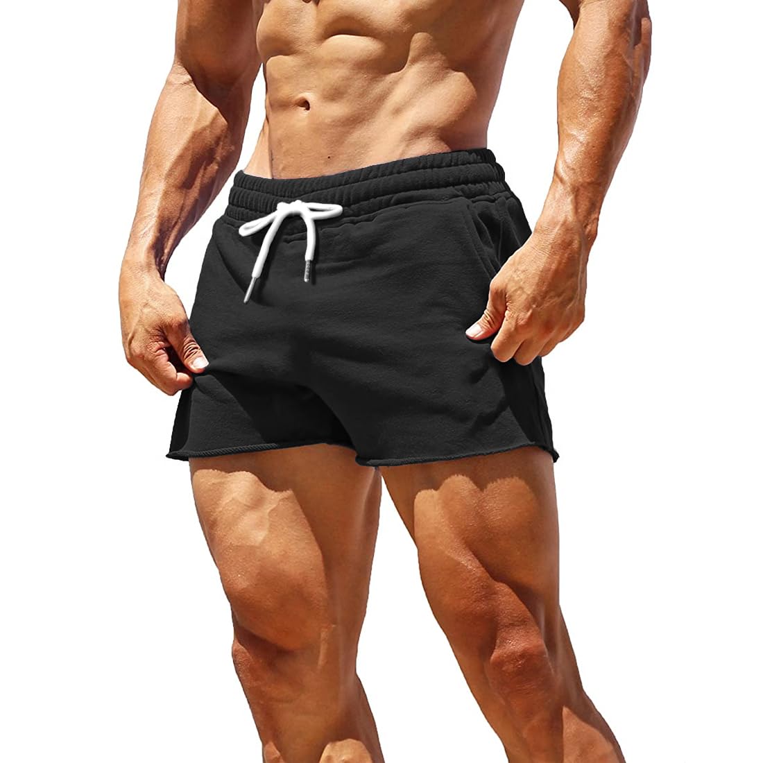 Men's Gym Sport Bodybuilding Workout Casual Shorts with Pockets 3 inch Inseam Raw Hem Terry Cotton