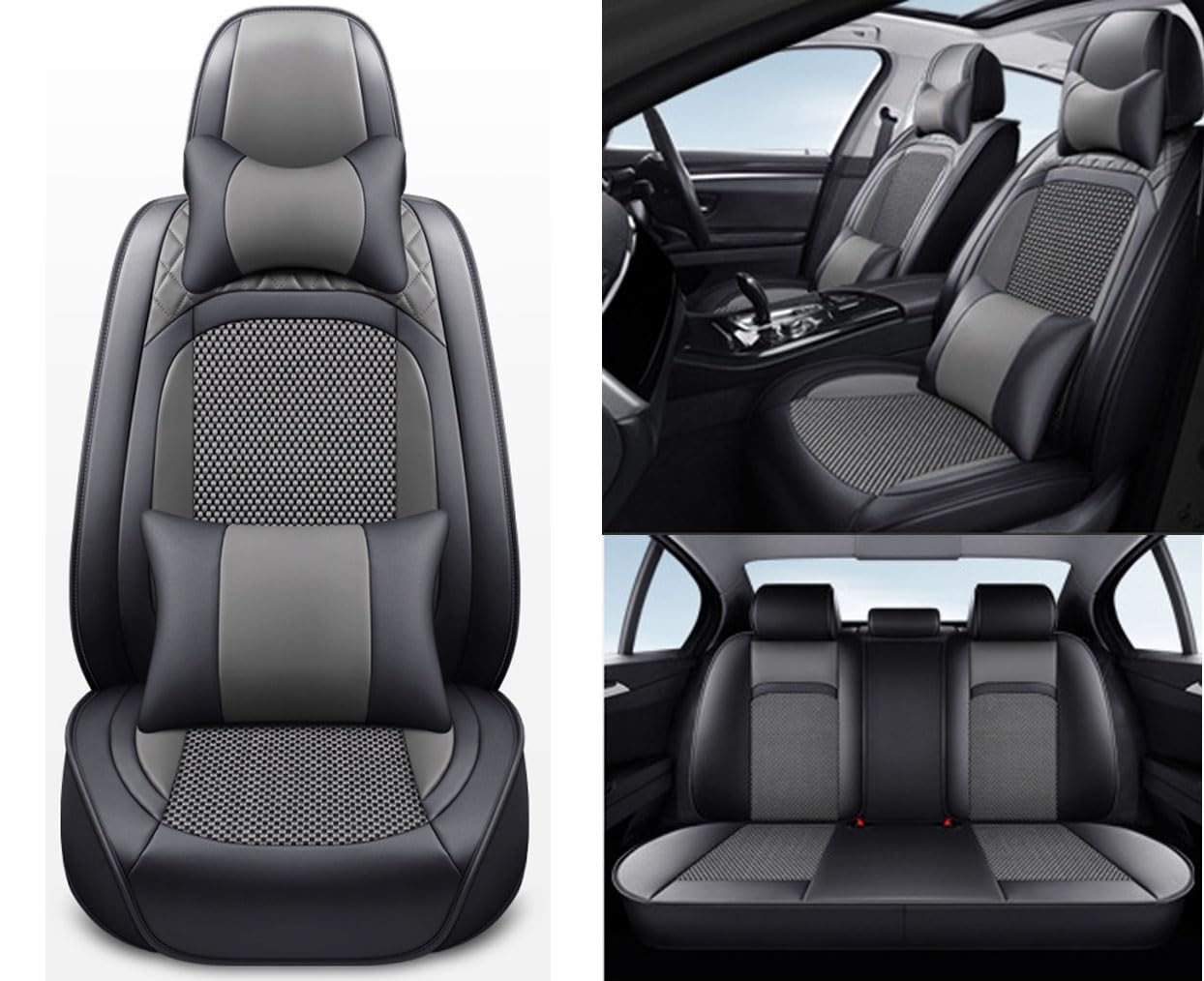 LIMOSSummer Luxury PU Leather Car Seat Cover, Full Set Breathable Car Seat Cover Universal Fit for 5 Seat Vehicles with Pillows (Black+Grey)