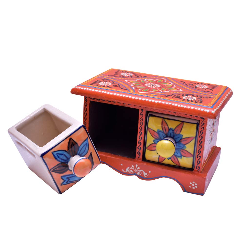 HC THE CRAFTS Hand Decorated Painting Handmade Wooden and Ceramic Drawers Small Chest Jewellery (Orange) (Orange Color) 1