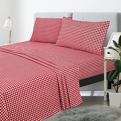 Royale Linens - 4 Piece Printed Queen Bed Sheet - Soft Brushed Microfiber 1800 Bedding Set - 1 Fitted Sheet 1 Flat Sheet 2 Pillow Case - Wrinkle & Fade Resistant Queen Size Sheet Set (Queen,Red Plaid) #TOP2