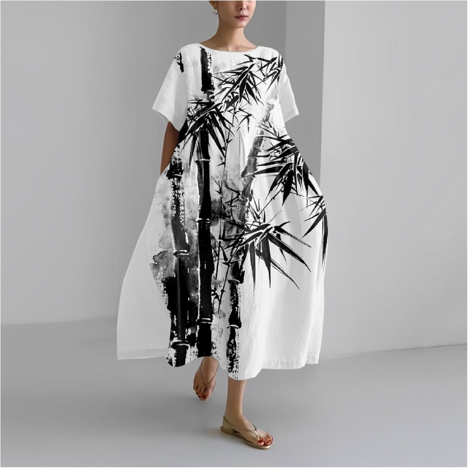Maxi Dresses for Women 2024 Japanese Art Floral Print Crew Neck Short Sleeve Casual Boho Oversized Dress - Image 2