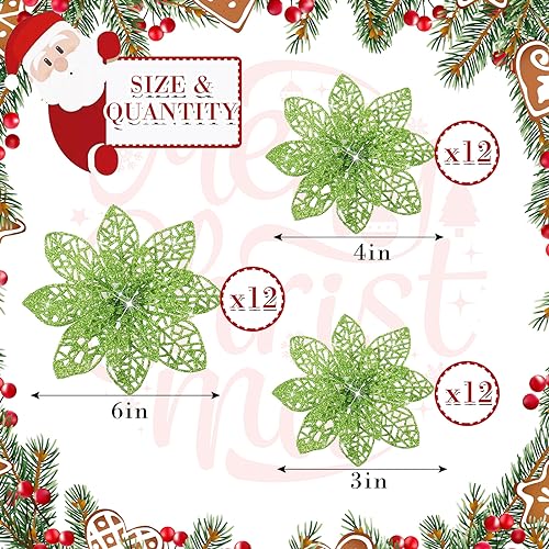 36 Pieces Christmas Glitter Poinsettia Flowers Wedding Glitter Flowers Christmas Tree New Year Ornaments (Mustard Green) - Image 2