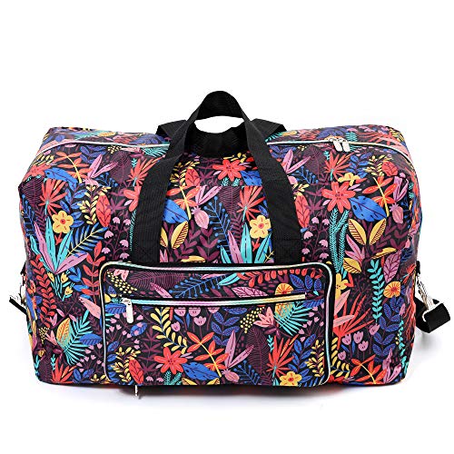 Image of 22 inch Foldable Large Travel Duffel Duffle Bag Sports Gym Tote Bag For Women Overnight Carryon Weekend Bag Shoulder Bag Water Resistant, leaves, 21.6 x 13.8 x 9.8 inches, Travel Bag