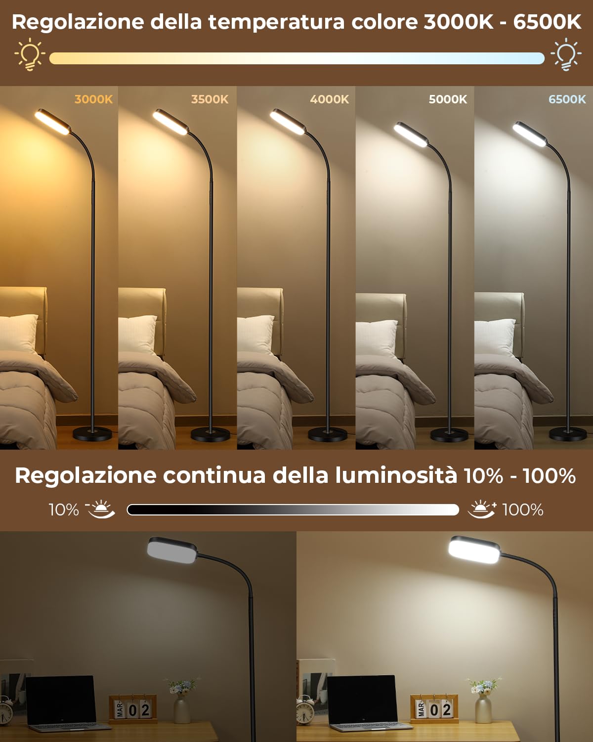 Lampada da terra LED dimmerabile 18W, 1850 lm – Lampada da terra salotto con telecomando, 3000–6500K, piantana moderna con luce regolabile, lampada da lettura
