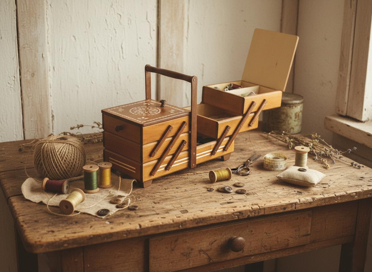 Nähkästchen Holz | Nähkasten groß | Nähkoffer mit 7 Fächern | ausziehbarer Organizer | Schmuckschatulle | dekorativer Knopfdose aus Holz | 32,5 x 40 x 22,5 cm | Farbe: Rustikale Eiche