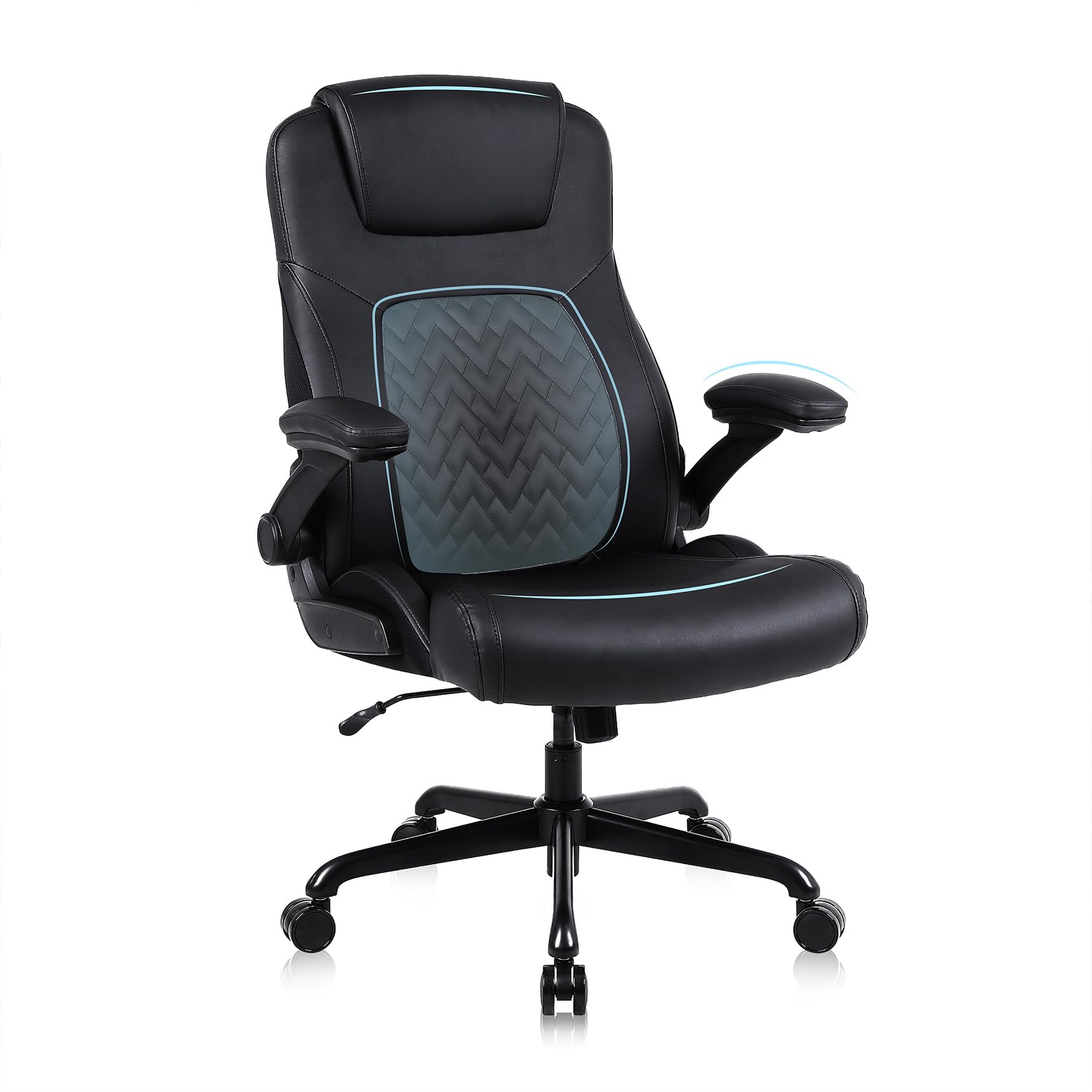 Ergonomischer Professioneller Bürostuhl, aus Kunstleder mit Lendenwirbelstütze, klappbaren Armlehnen und höhenverstellbarer Sitzfläche, Gaming-Stuhl mit Rollen für Büro und Homeoffice, Schwarz | Ermnois Bürostuhl Ergonomischer Schreibtischstuhl Profession
