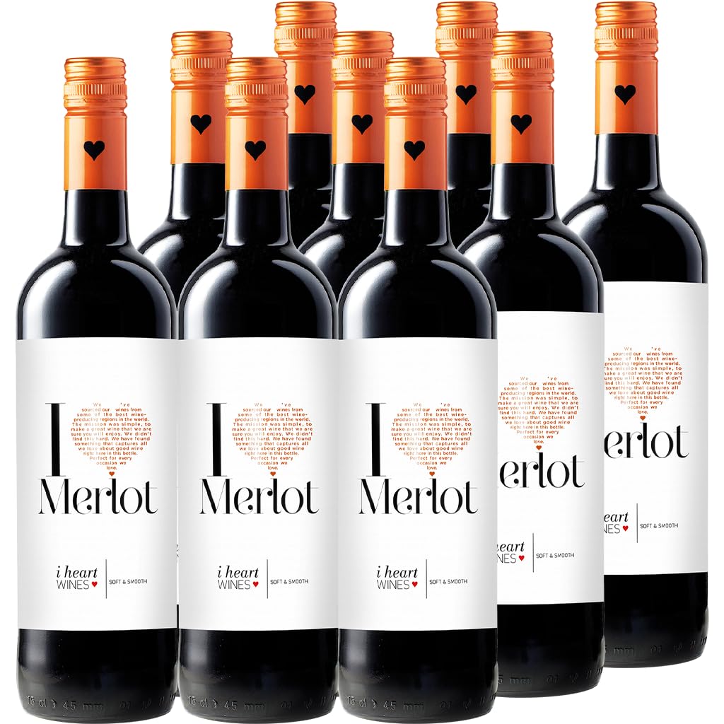 I heart Merlot Wein (9 x 0.75 l) - sanfter, trockener Rotwein, Aromen schwarzer Früchte und Kirsche, modern, frisch, fruchtig, leicht, zu Spaghetti Bolognese, Gulasch oder anderen Fleischgerichten