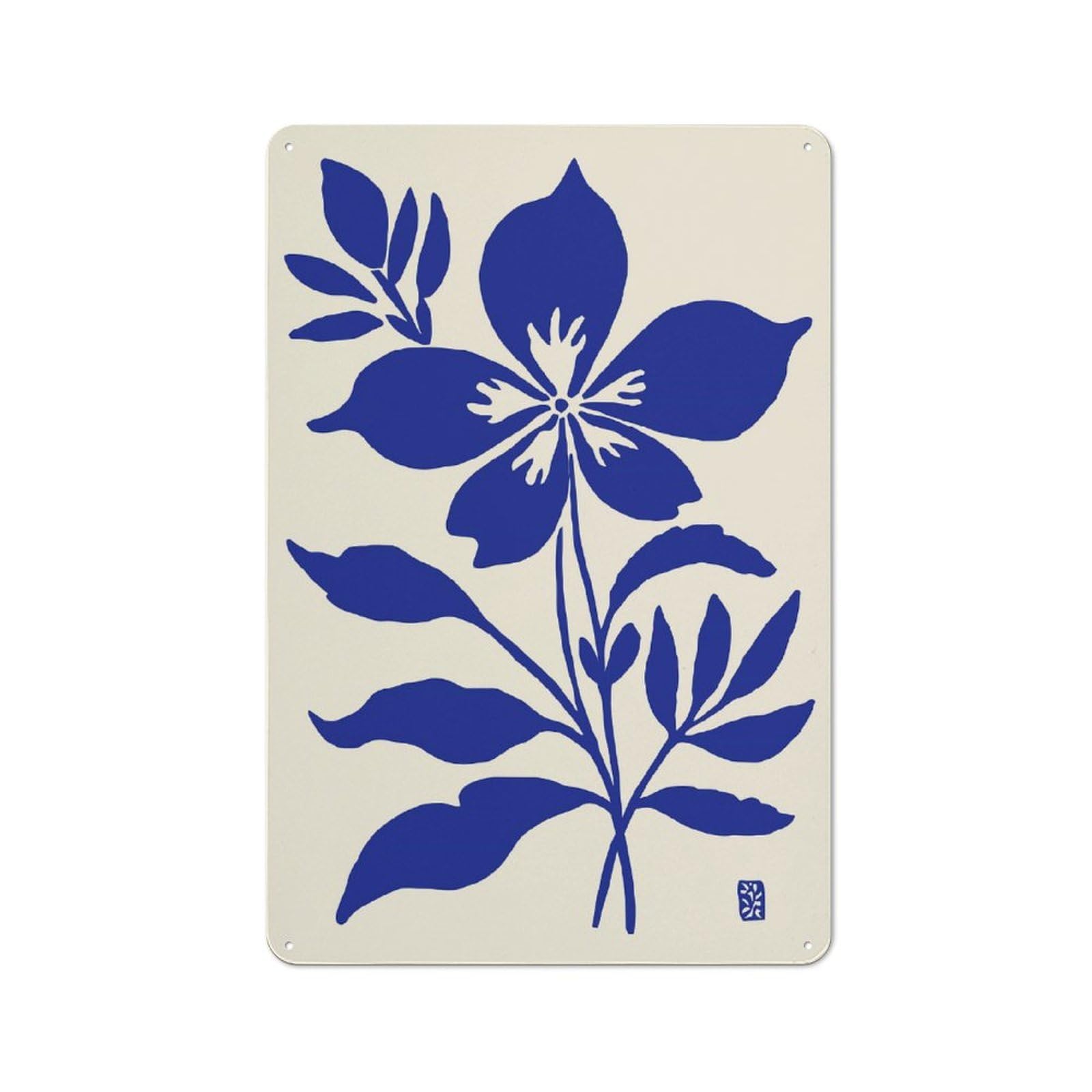 Junmoney Style-7 Blue Flower Illustration On Beige Background Printed Metal Sign 30X20cm For Garage Wall, For Collectors Of Vintage Metal Wall Decor