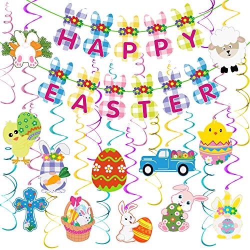 Decoraciones de Pascua, 24 piezas de papel de aluminio colgante de Pascua y 1 pancarta de feliz Pascua, adornos colgantes del techo, decoraciones de remolino colgantes de Pascua para decoración del