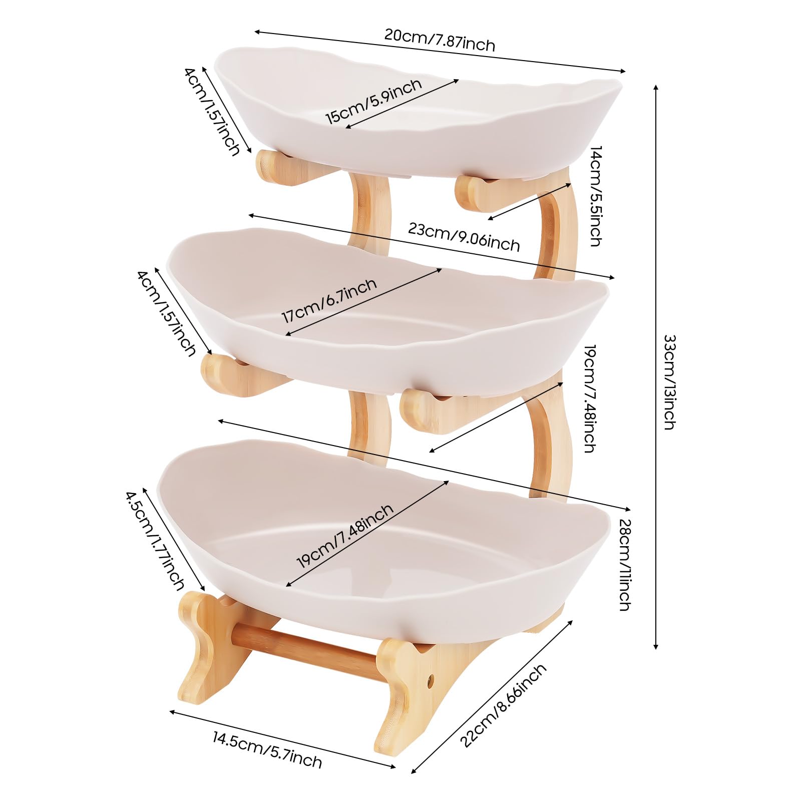 Présentoir à fruits à 3 étages | Bol à fruits en céramique et porcelaine | Assiette à fruits ovale en bambou naturel | Support ovale en bois de bambou naturel | Présentoir à tarte - Plateau à