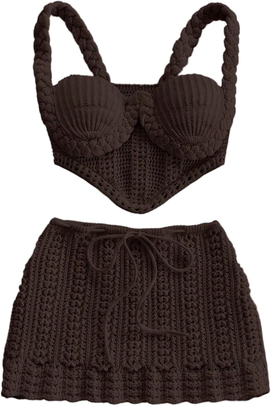 MakeMeChic Women's 2 Piece Sets Crochet Braided Crop Tops Mini Skirt Summer Beach Vacation Set