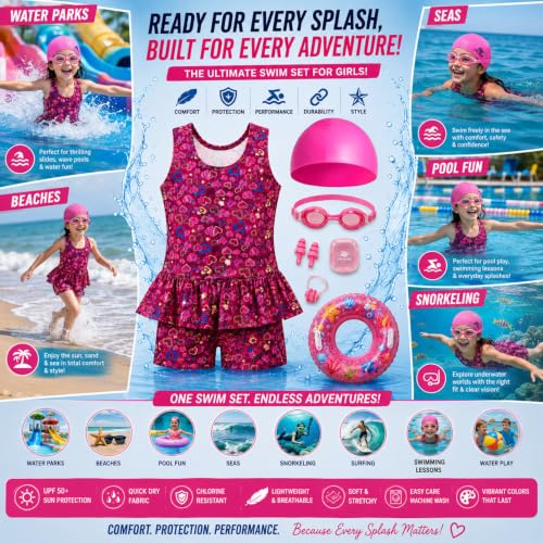 Image of LEBAMI ﻿Kids Girls One piece Swimsuit Combo Kit | Frock Swim Costume with Goggles, Cap, Swimming Tube, Nose Clip & Earplugs | Pool & Beach Swimming Kit