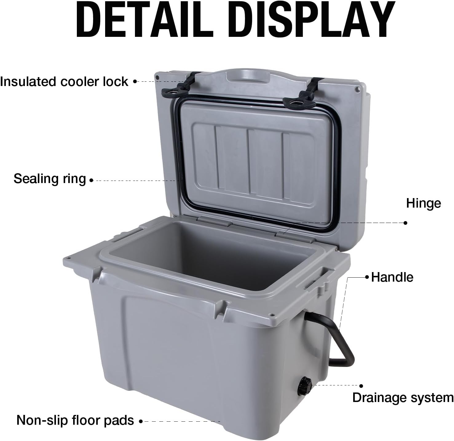 Grey 25 Quart Rotomolded Cooler, 30 Cans Capacity with 5-Day Ice Retention, Commercial Grade Insulation, Heavy-Duty Outdoor Cooler with Bottle Opener & Non-Slip Feet for Camping, Beach, Fishing
