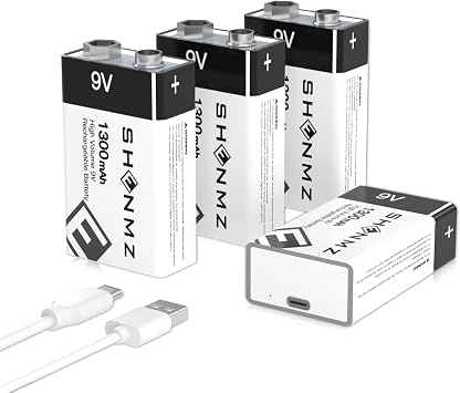 4 Pack Rechargeable 9V Batteries, 1300mAh High Capacity Lithium-ion Long Lasting 9 Volt Batteries with 2 in 1 USB C Fast Charging Cable for Smoke Detector,Alarms,Microphone,Metal Detector Multimeters
