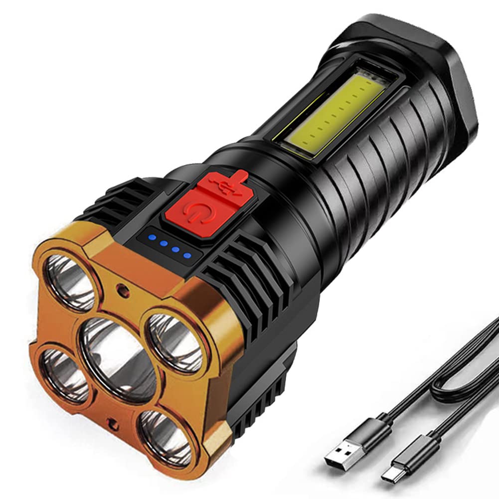 Asslye Torches Led Super Bright,Five-Nuclear Explosion Led Flashlight,Strong Light Rechargeable Torch,4 Gear Dimming for Outdoor Camping Emergencies, Gold