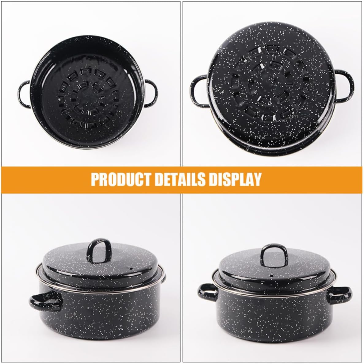 Enameled Roasting Pan with Lid, Black Enamel Roaster for Baking