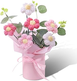 Crochet Flower Bouquet: Artificial Knitted Woven Flowers for Anniversaries Weddings Offices Home Decorations (Pink)