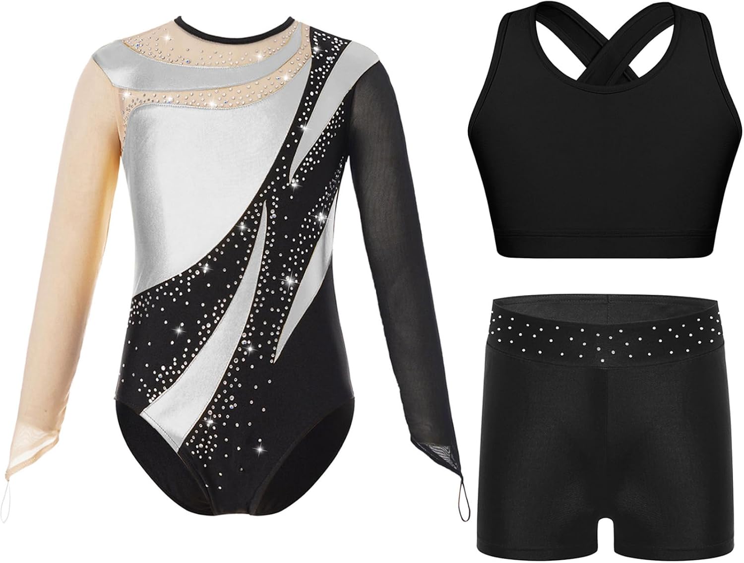 JEYPINMI Girls 3 Piece Dance Workout Athletic Leotard with Crop Top and Shorts Set Gymnastics Outfits