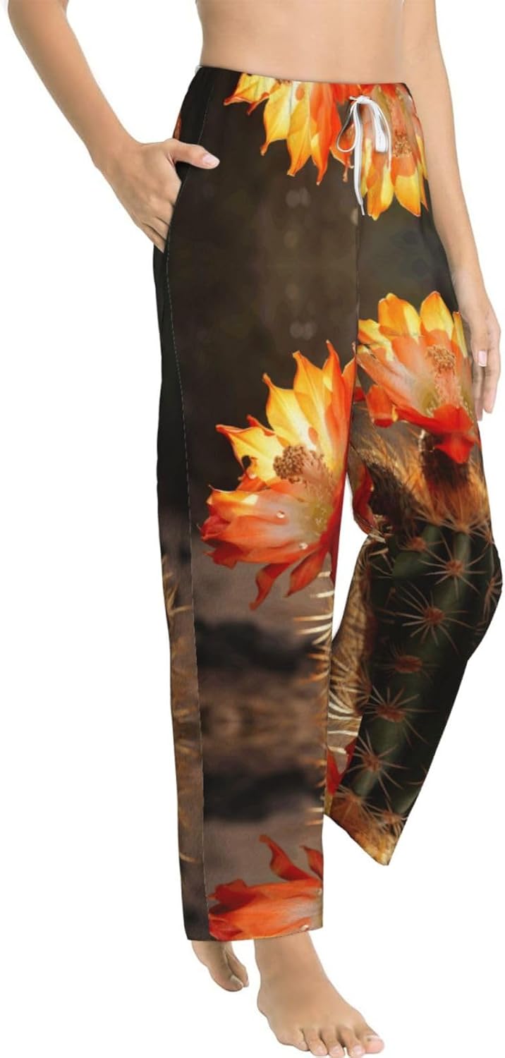 Cactus Flower Print Cozy Christmas Pajama Pants,Flannel Pajama Bottoms,Cater To Various Body Types