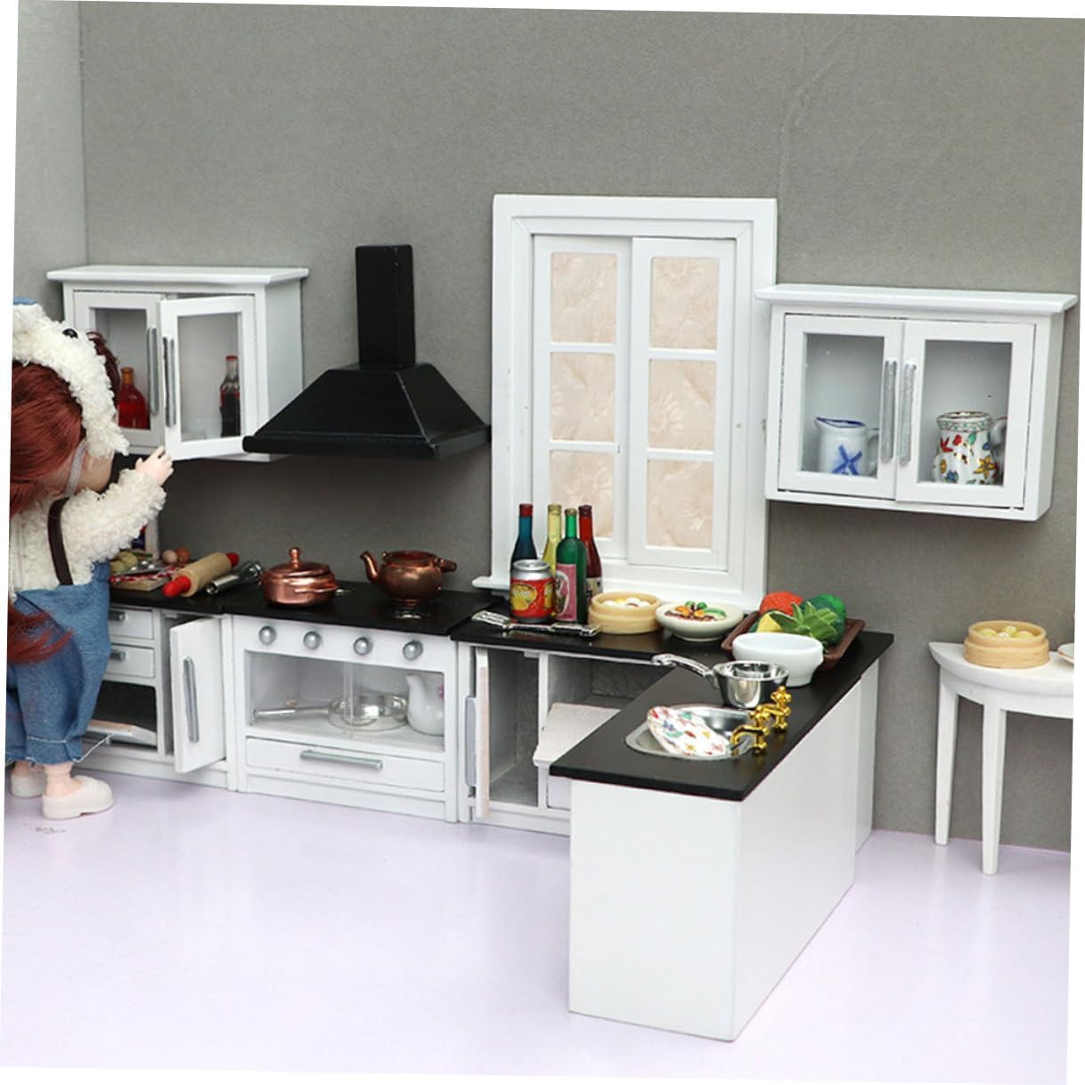 GALPADA 12 Scale Mini Wooden Furniture Doll House Kitchenette Set, White 7pcs Miniature Kitchen Accessories for Dollhouse Decor and Pretend Play