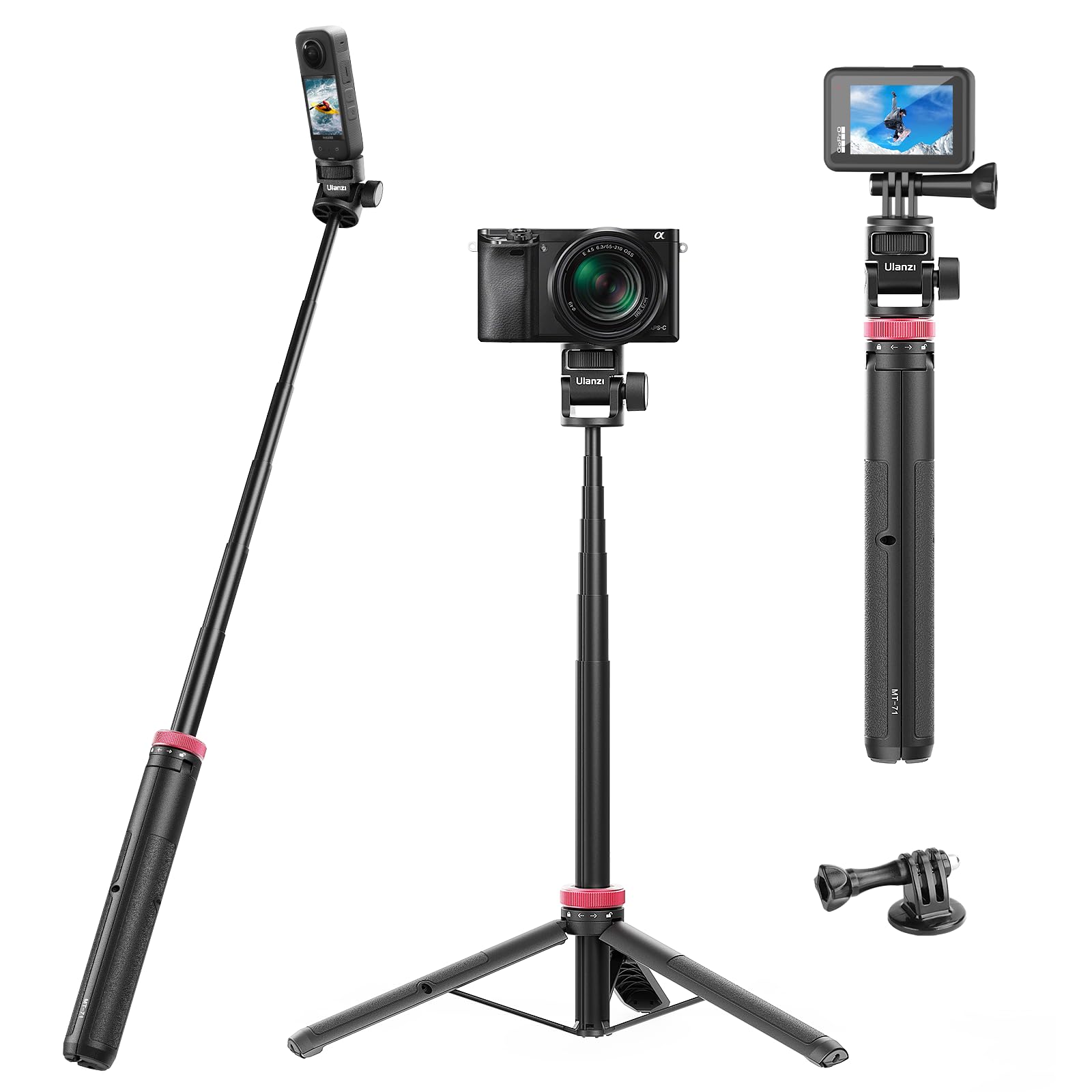 Ulanzi MT-71 Trépied à Selfie pour caméra 150 cm Longueur Invisible Extensible Poignée Portable léger 7 Sections pour Action Camera Hero 11 10 9 8 7 Noir/insta360 One DJI Action