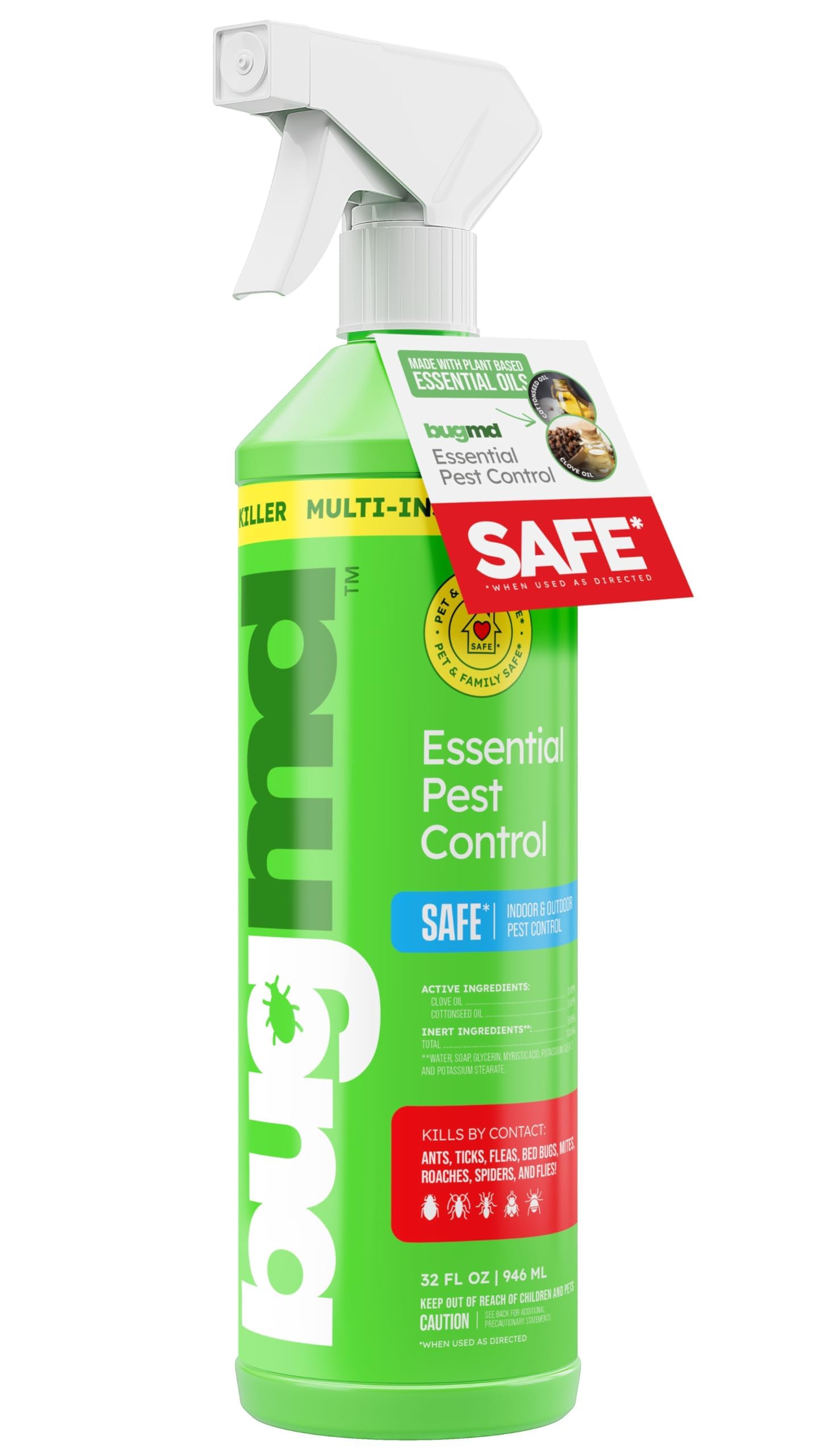 BugMD Empty Refillable Spray Bottle 32 oz. for Use Pest Control Essential Oil Concentrate (Sold Separately), Spray Bottle with 3 Sprays Modes