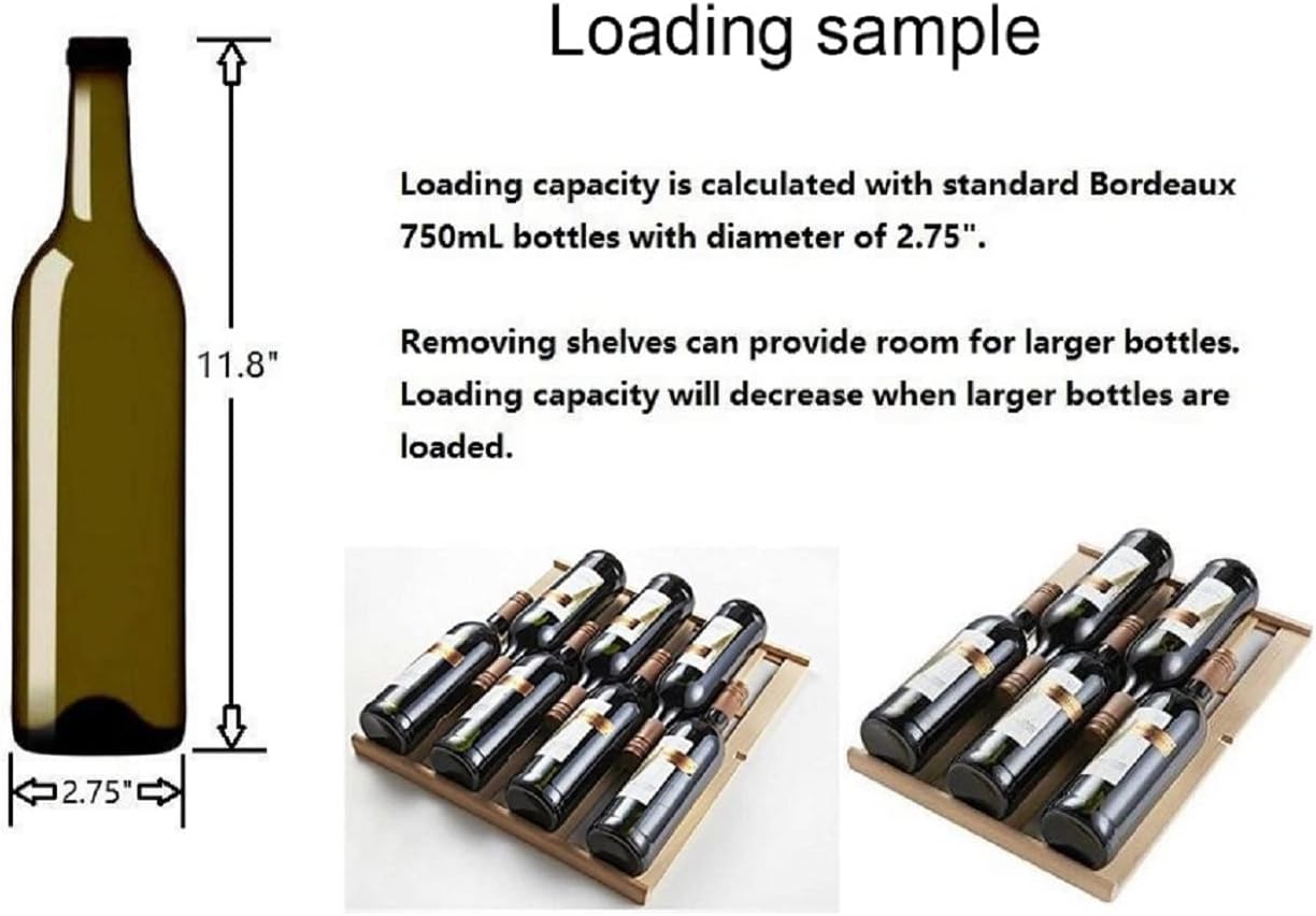 Diagram illustrating bottle loading capacity and shelf removal for larger bottles.