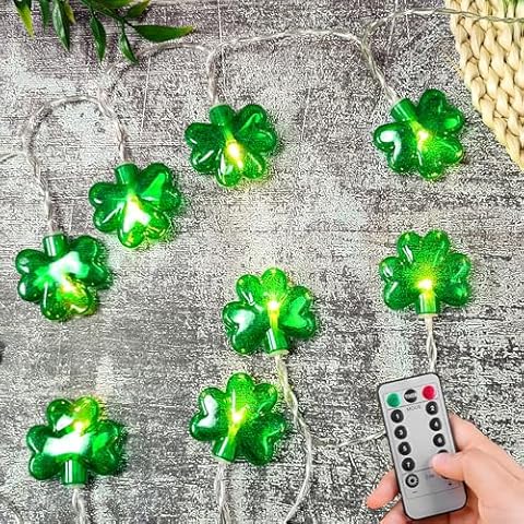 St. Patrick's Day Lights Shamrock String Lights Battery Operated 9.8 Feet 20 LEDs 8 Mode with Remote Lucky Clover Silver Wire Mini Fairy Lights for Bedroom Party Feast Green Day Decorations Cover
