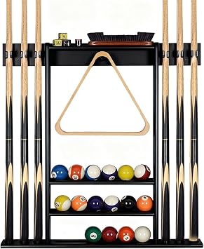 Pool Cue Holder, Wall Mounted Billiard Pool Cue Rack for 6 Sticks, 3 Tiers Ball Slots, Wooden Billiards Table Accessories for Man Woman Cave, Billiard Room