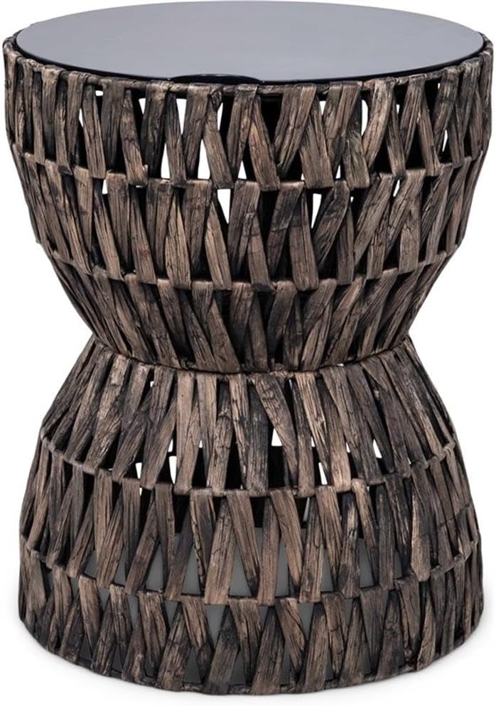 Pemberly Row Hourglass Side Table, Woven Water Hyacinth & Steel Frame, Removable MDF Lid, Brown/Black Finish, Storage Accent Table for Living Room, Bedroom or Covered Outdoor Patio Use