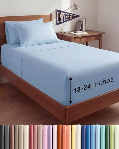 Extra Deep Twin XL Sheet Set - 4 Piece College Dorm Room - Sky Blue