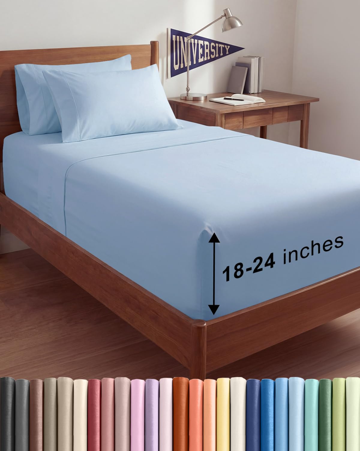 CGK Extra Deep Twin XL Sheet Set - 4pc College Dorm Room - Sky Blue