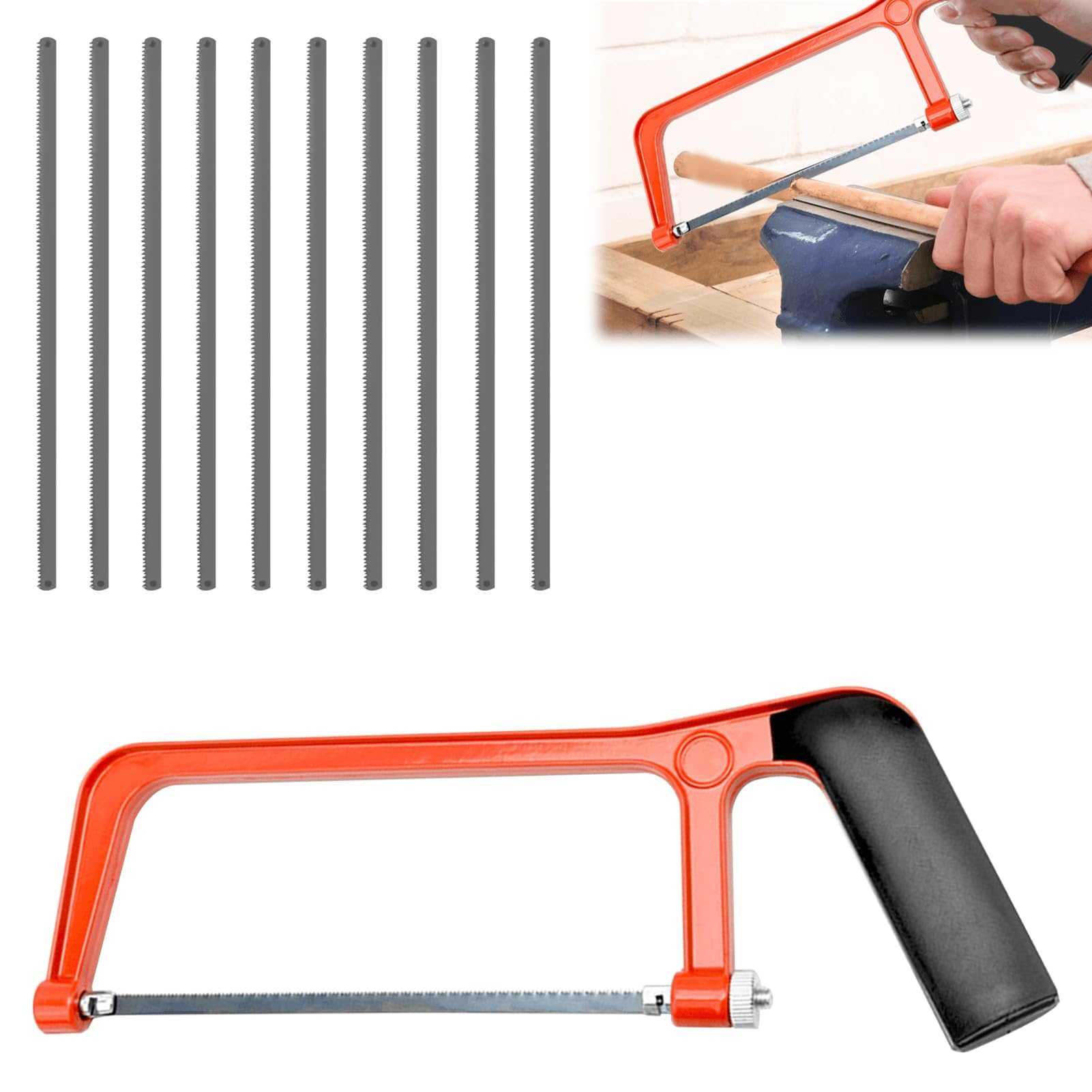 Photo 1 of 11PCS Metal Saw Red Hack Saw Professional Hack Saws Small Metal Cutting Saws Adjustable Angle Heavy Duty Small Hacksaw with 10 Exchangeable Blades for Cutting Plastic PVC Pipe Tile Metals