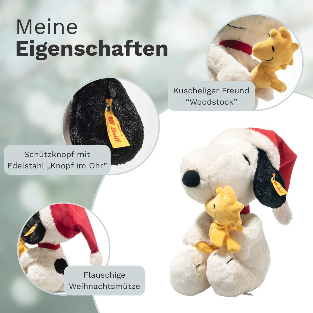 Steiff Kuscheltier Snoopy mit Woodstock und Nikolausmütze, Süßes Stofftier, Kinder, Jungen & Mädchen, Friends, 30 cm, Weiß, 684340