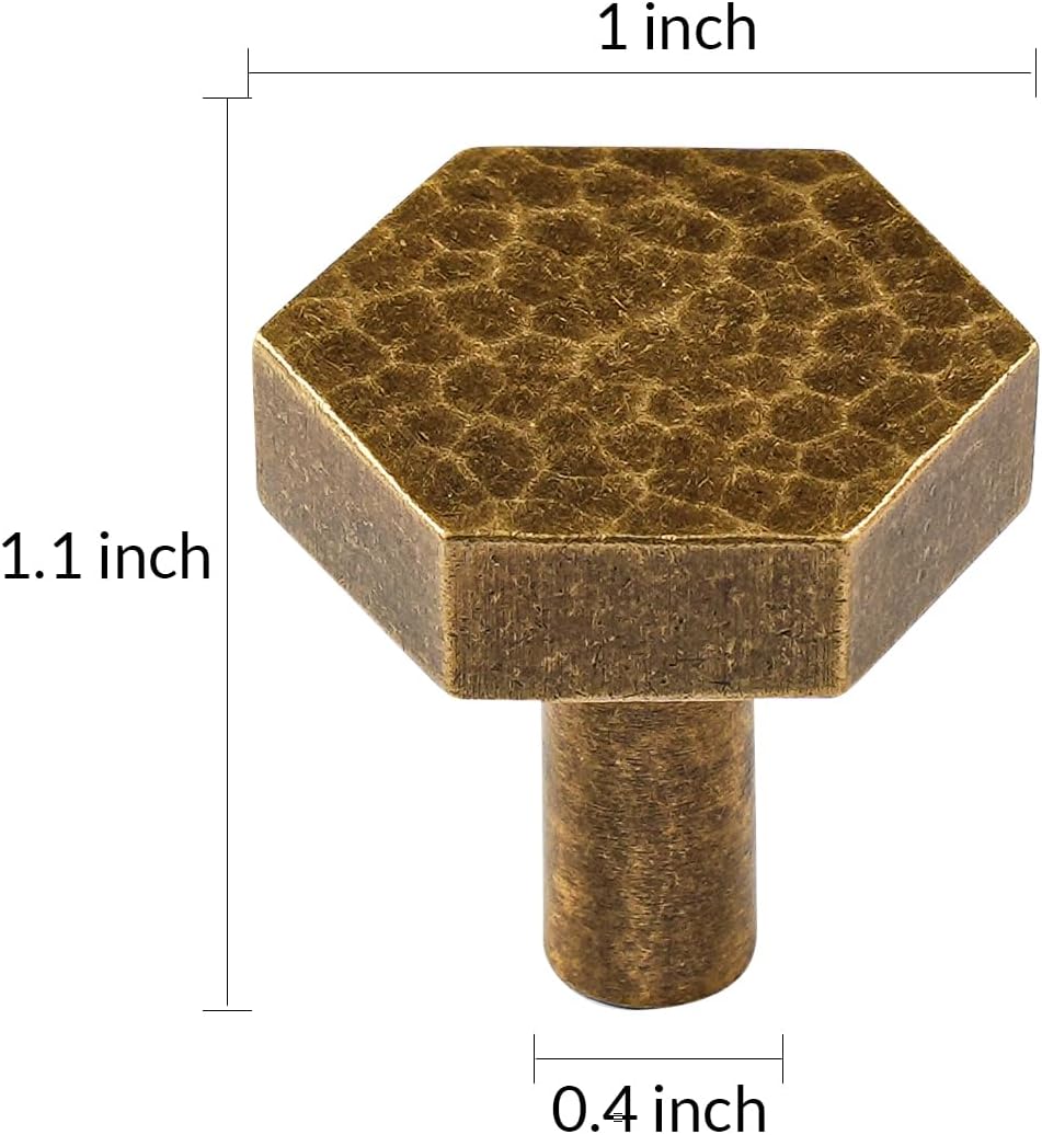 10 Pack Cabinet Knobs Antique Brass Kitchen Drawer Knobs Hammered Hexagon Dresser Pull, S