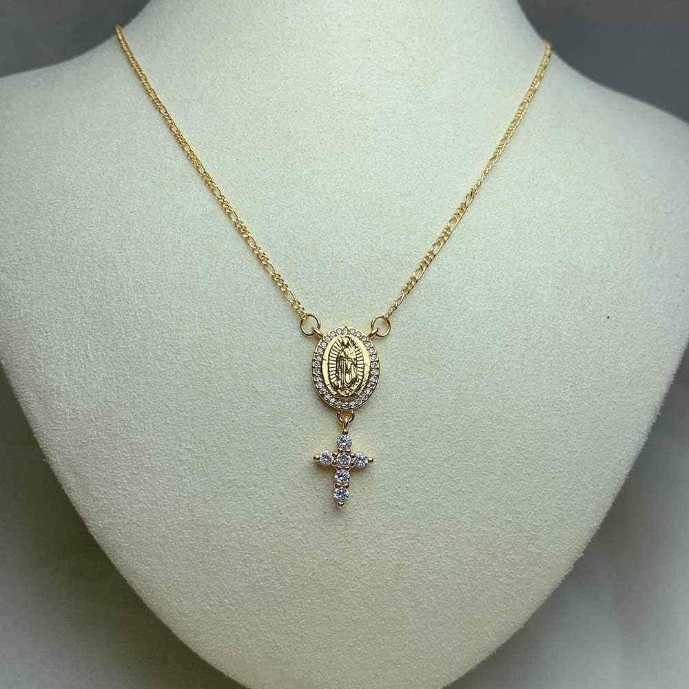 Cross and Virgin Mary Medallion Necklace,Medal Cubic Zirconia Necklace for Women