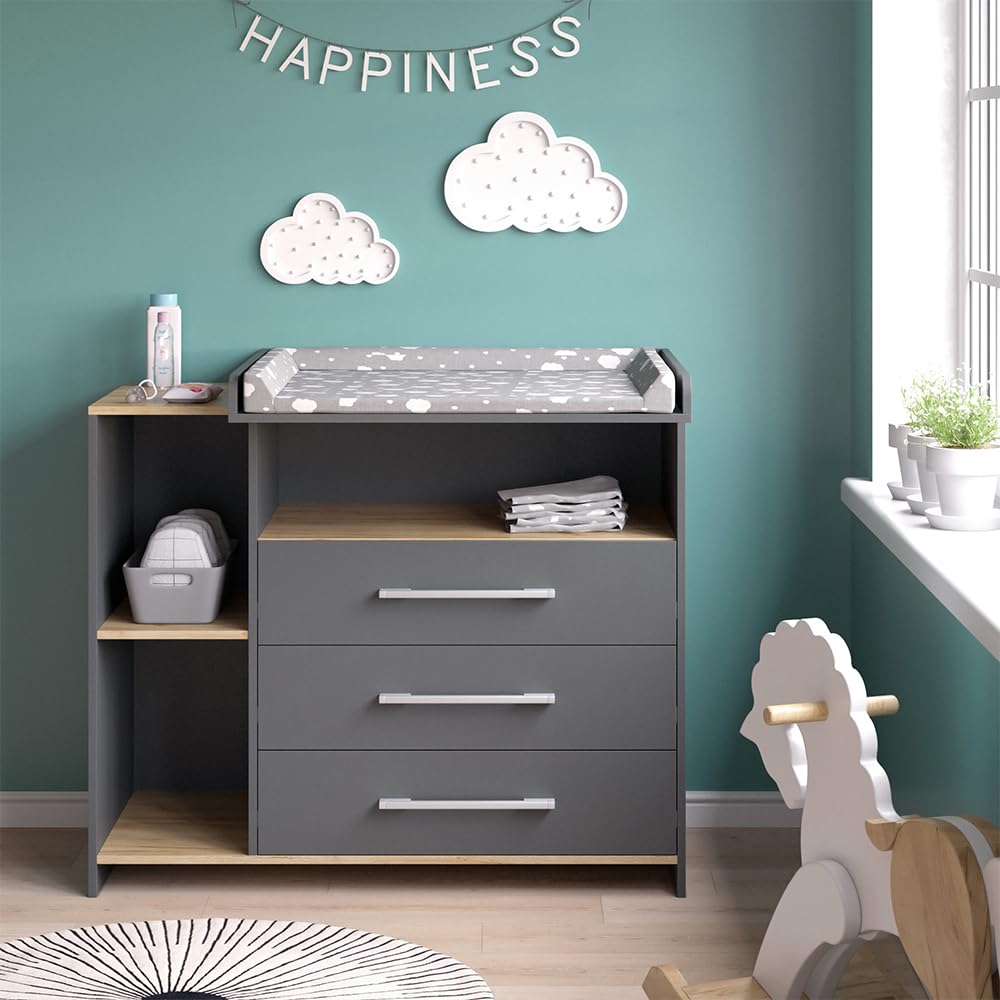 Vicco Cambiador Oskar, Antracita/Roble Dorado, 113 x 93 cm con 3 cajones, Convertible en cómoda Gracias al Cambiador extraíble