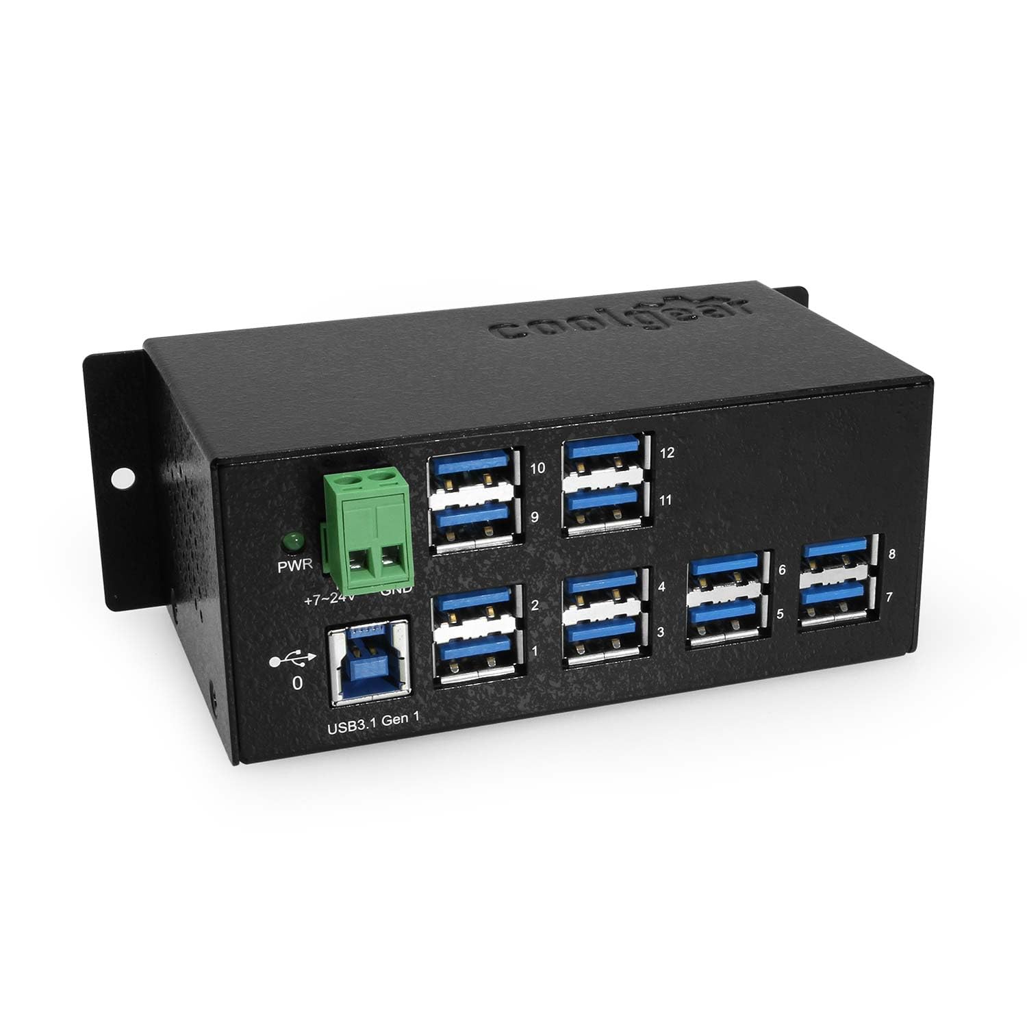 Coolgear 12 Port Industrial USB Hub w/Multi TT, Surge Protection, 5Gbps Speed, Surface or DIN Rail Mount Ready for Labs, Factories, Workstations,