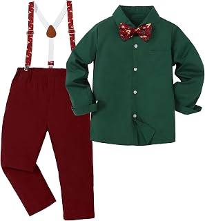 Boy Formal Suits Wedding Outfit Long Sleeve Button Down Dress Shirt Bow Tie Suspender Pants Gentleman for 5-9 Years