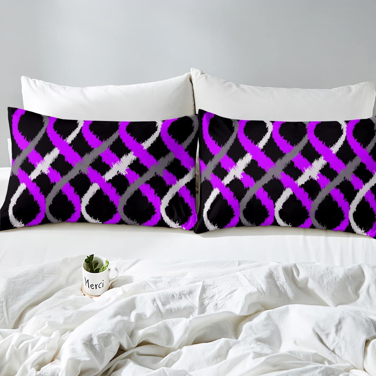 Juego de sábanas geométricas de dos tonos con sábana bajera ajustable de bolsillo profundo, color morado y negro, juego de sábanas de remolino geométrico, juego de ropa de cama retro a rayas, juego d