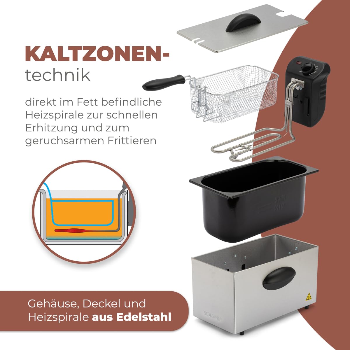 Bomann Fritteuse mit 3L Kapazität | Friteuse mit Fett | Friteuse Öl mit Kaltzonentechnik & Abtropfvorrichtung | stufenlos regelbareres Thermostat | Abtropfvorrichtung | 2000 Watt | Gastro | FR 2264 CB