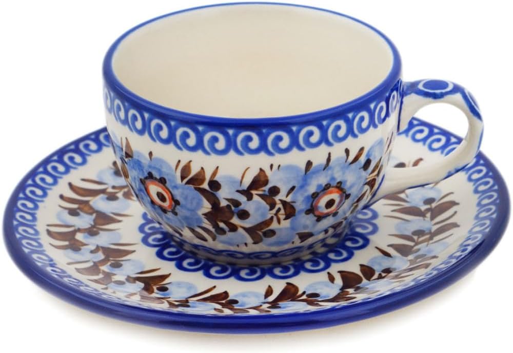 Polmedia Polish Pottery Cup with Saucer UNIKAT - Brown And Blue Beauty Pattern Handmade in Boleslawiec Poland by Ceramika Artystyczna + Certificate of Authenticity