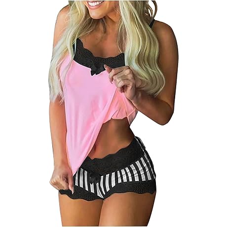 2pc Silk Lingerie Pajamas for Women Sexy Lace Trim Sleeveless Babydoll Sleepwear Satin