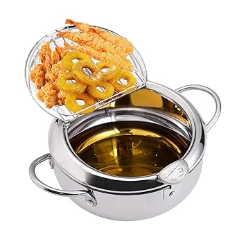 EAMATE Tempura Fry Pot, Stainless Steel Tempura Deep Fryer with Thermometer, 8 Inches, Mini Size Perfect